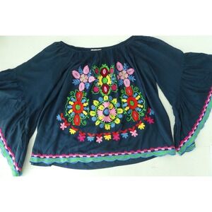 Ruby Yaya Navy Embroidered Off Shoulder Bell Sleeve‎ Boho Top Small Oversize